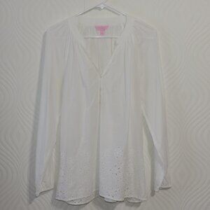 LILLY PULITZER sz M White Cotton Elsa Blouse w/Eyelet Border Boho Cottagecore